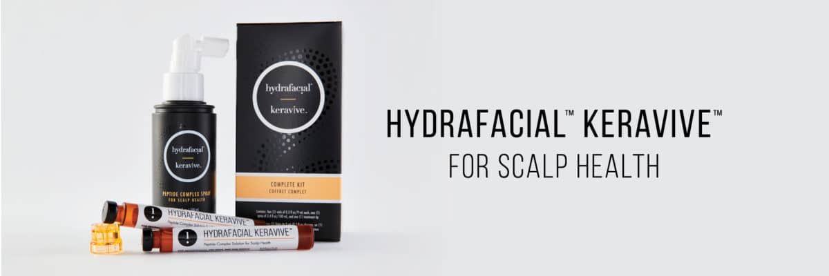 keravive products next to text hydrafacial keravive for scalp health