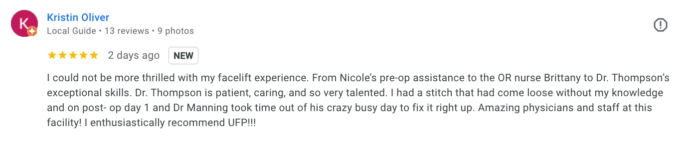 A 5-star Google Review from a happy facelift patient at Utah Facial Plastics