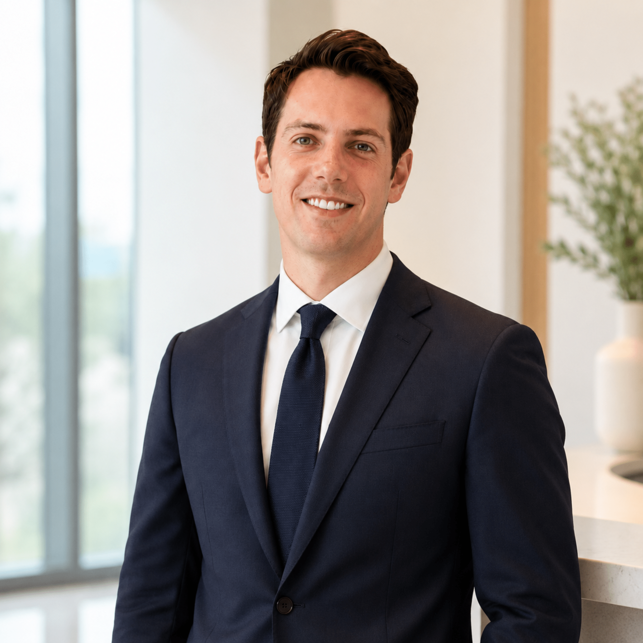 Dr. Daniel B Hall Facial Plastic Surgeon at Utah Facial Plastics. He is wearing a navy blue suit with a white shirt and matching tie.