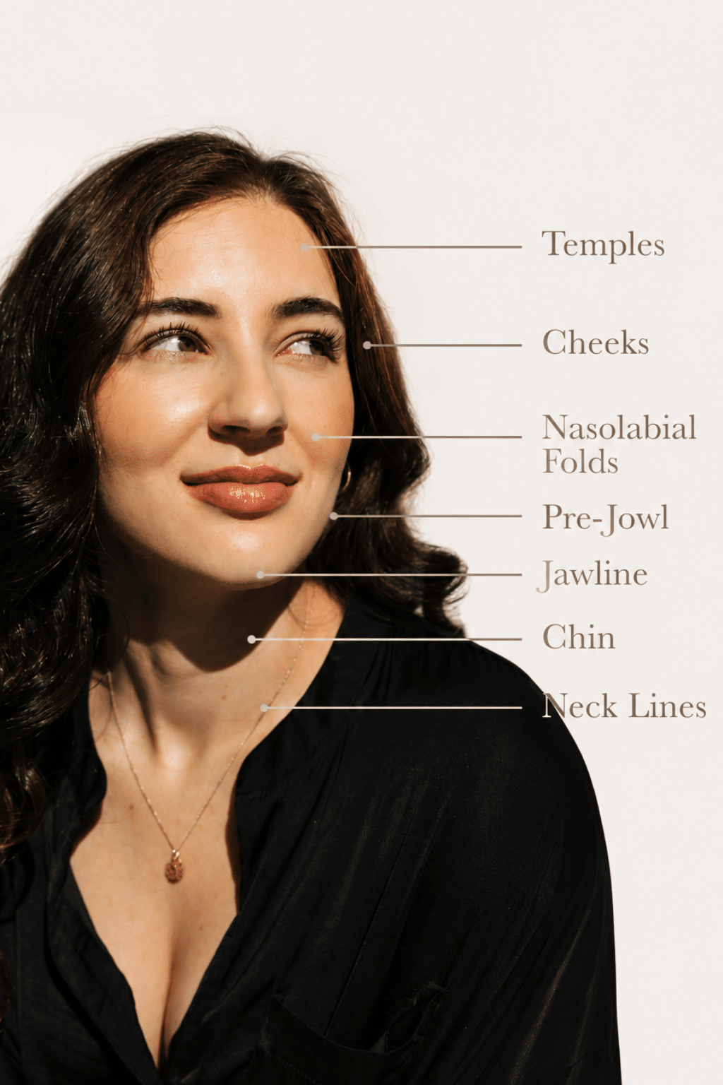 Infographic titled "Areas Sculptra Can Treat" featuring a woman looking slightly upward with labeled treatment areas on her face and neck. Callout lines identify the temples, cheeks, nasolabial folds, pre-jowl area, jawline, chin, and neck lines, illustrating common areas where Sculptra stimulates collagen production to restore volume and improve skin quality.